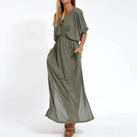 Lieke | Lange vintage jurk met zijsplit in de hoge taille