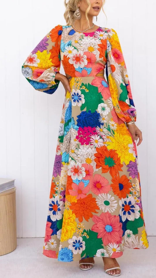 Sanne | Maxi-jurk met bloemenprint, open rug en elastische details